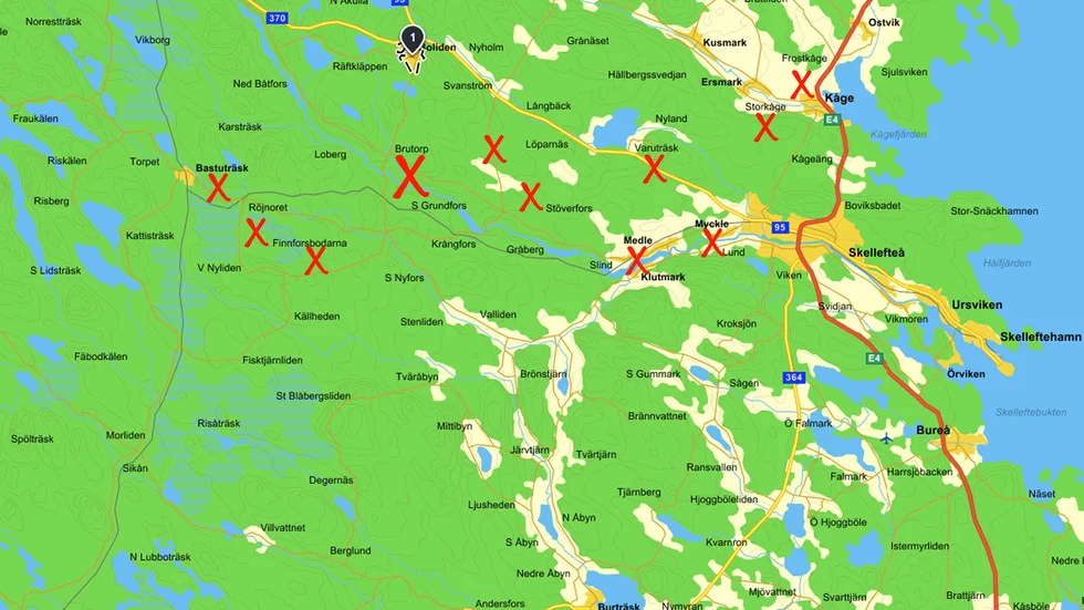 Det stora krysset pekar ut var jordskalvet skedde. De andra kryssen visar några av de platser Norrans läsare kände av skalvet på.