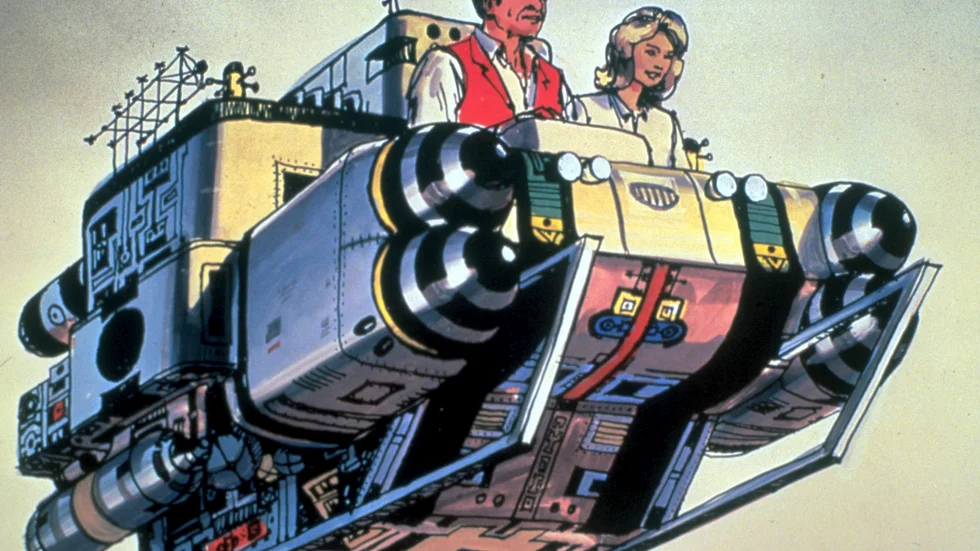 Teckning från George Pals "Tidsmaskinen" (1960). Filmen kom att inspirera många filmer om tidsresor och dystopier. Pressbild.