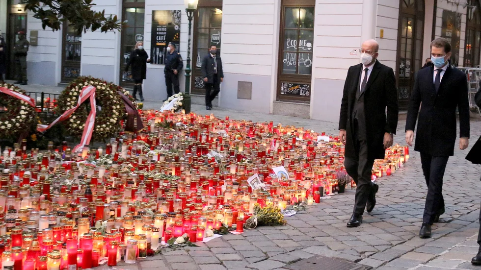 Rådsordföranden Charles Michel och Österrikes förbundskansler Sebastian Kurz i Wien på måndagen.