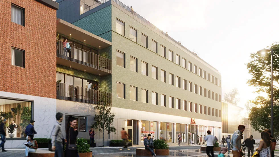 3D-bild på nya Ica Supermarket Torget, som hösten 2022 flyttar till en helt ny byggnad intill Citykompaniet.