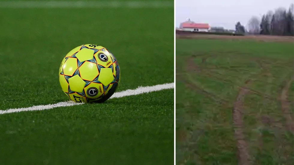 Någon har kört runt och lämnat fula hjulspår på fotbollsplanen i Bälinge.
