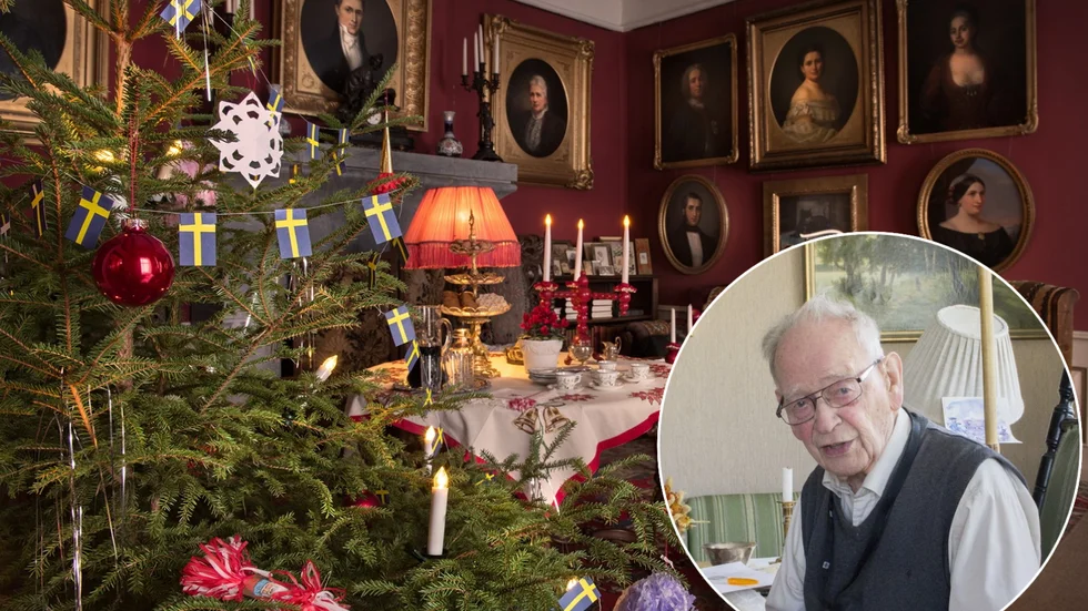 Carl-Edvard Sturkell, född 1924, berättar om barndomens jular hos sin morfar, förvaltare på Julita gård. På bilden syns julgranen i stora huset på Julita gård.