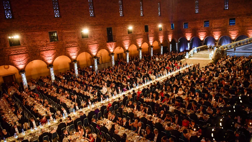 De två senaste åren har den traditionsenliga banketten med ett fullsatt Blå hallen i Stockholms stadshus varit inställd till följd av pandemin. Här från firandet 2017.