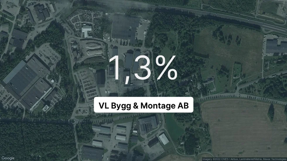 Illustrationen visar rörelsemarginalen för VL Bygg & Montage för det senaste året. Bakgrunden är en satellitbild över företagets adress.