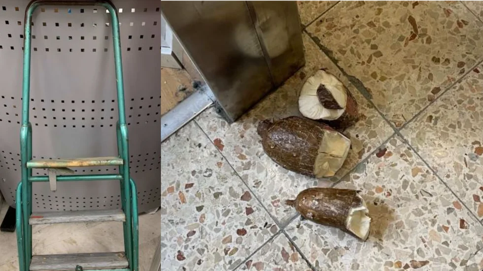Kvinnan i 55-årsåldern ska enligt åtalet attackerat en annan kvinna med en stege och sedan kastat en kokosnöt. Själv nekar hon till brott.