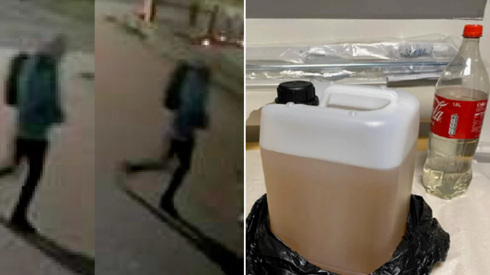 Bilder på den tidigare Västerviksbon när han rör sig vid villan han försökte tända eld på. Kort senare greps han av polisen som bland annat hittade en dunk med 4,5 liter bensin utblandat med motorolja samt tändare och tändstickor i hans ryggsäck.