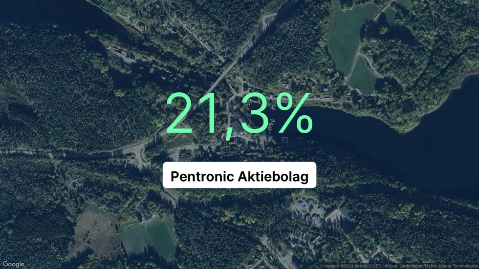 Illustrationen visar rörelsemarginalen för Pentronic för det senaste året. Bakgrunden är en satellitbild över företagets adress.