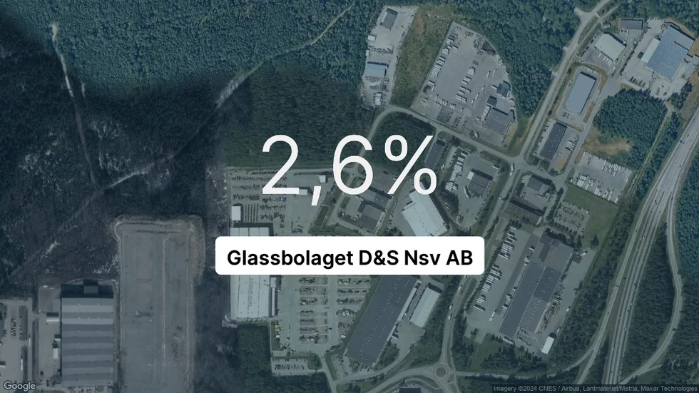 Illustrationen visar rörelsemarginalen för Glassbolaget D&S Nsv för det senaste året. Bakgrunden är en satellitbild över företagets adress.