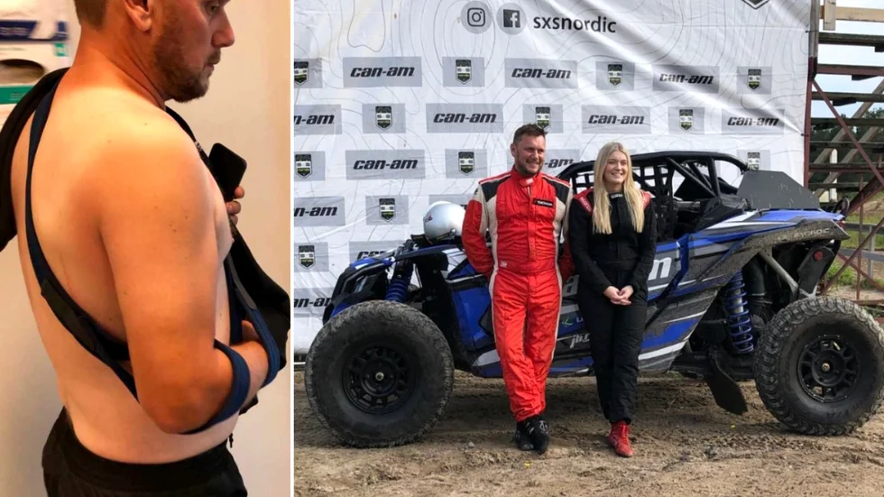 Jonas Ökvist bröt nyckelbenet när han och dottern Fanny kraschade under testkörning. Därmed missar han helgens deltävling i SxS Nordic hemma i Piteå.