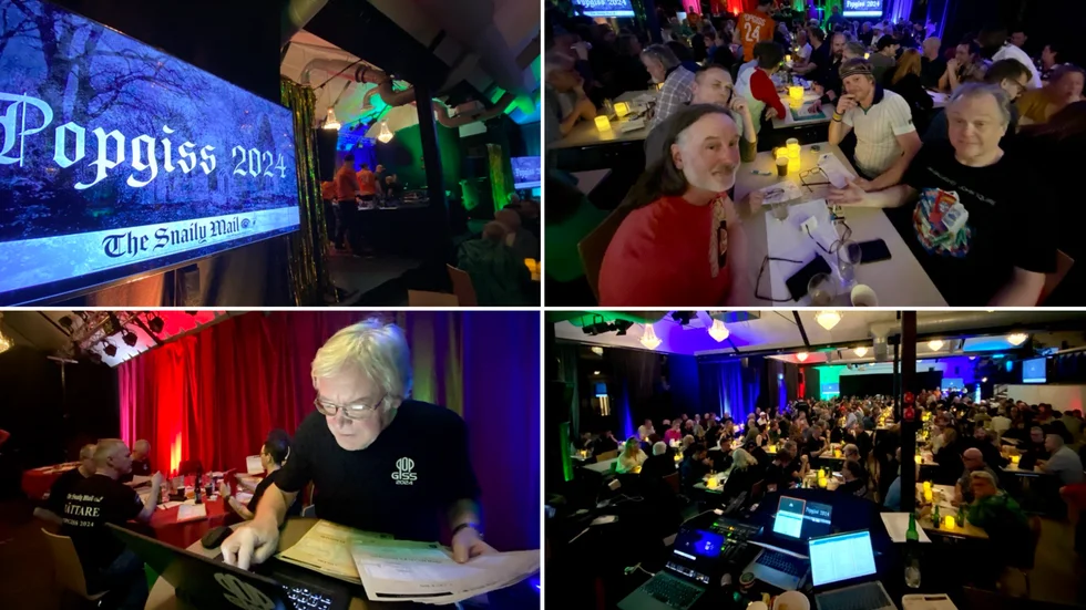 Popgiss 2024. Uppe till höger syns vinnarlaget med Pelle Ljunggren, Fredrik Johansson, Tobias Grönberg och Lasse Wredenborg. Nere till vänster sitter den tidigare GA-medarbetaren Lars Schill, som var en av flera rättare.