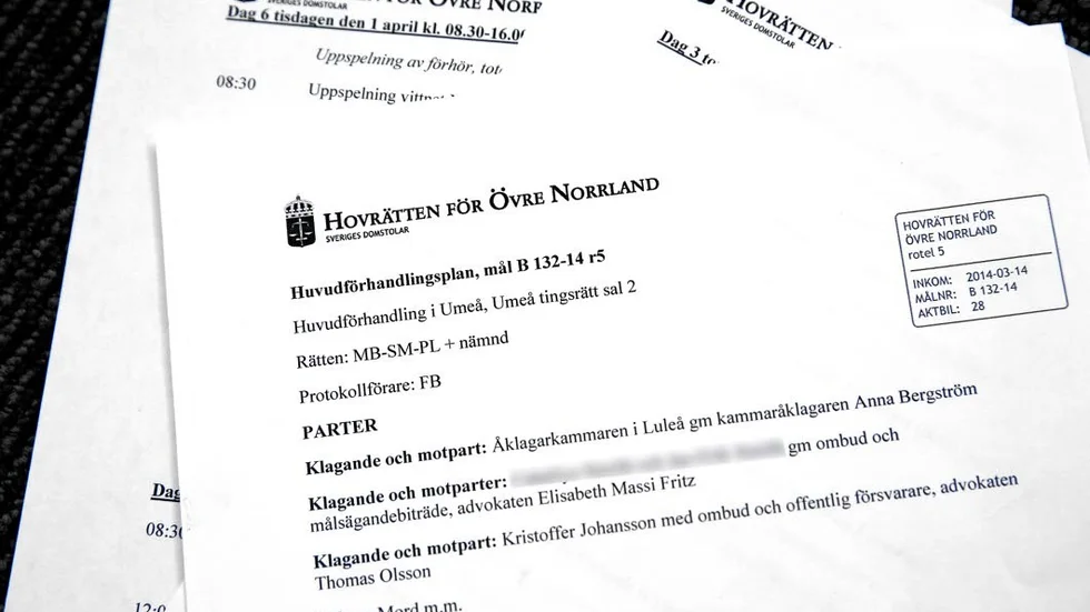 FÖRHANDLINGSPLAN. Under åtta dagar avgörs Kristoffer Johanssons öde av Hovrätten för övre Norrland.