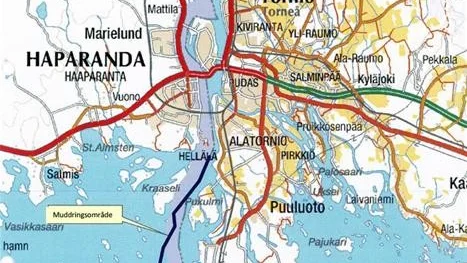 MUDDRING. Den svarta linjen är muddringsområdet. Muddringen startar i höjd med Hellälä i norr och avslutas i höjd med Röyttä. Deponiområdet ligger strax söder om Röyttä.