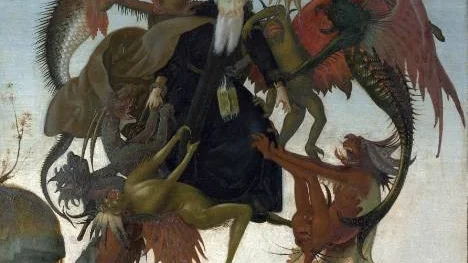 Saint Anthony angrips och retas av monster på målningen som Michelangelo sägs ha färdigställt redan som pojke.