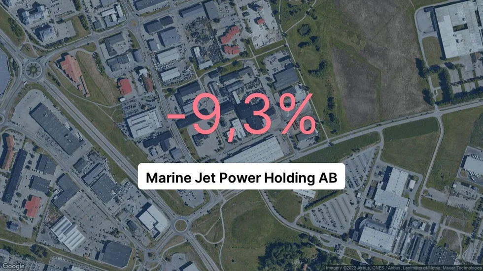 Illustrationen visar rörelsemarginalen för Marine Jet Power Holding för det senaste året. Bakgrunden är en satellitbild över företagets adress.
