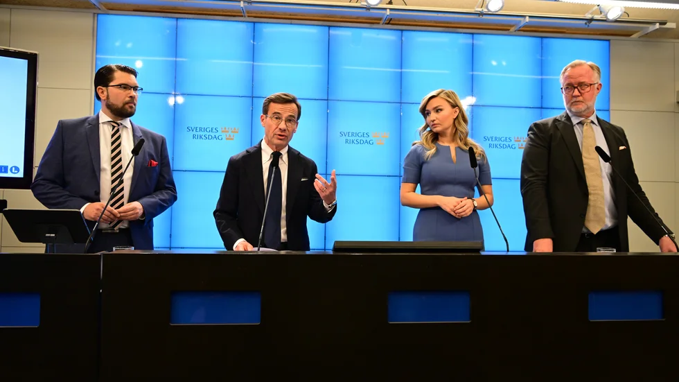 Ulf Kristersson (M), Jimmie Åkesson (SD),  Ebba Busch (KD) och Johan Pehrson (L) höll pressträff på fredagen.