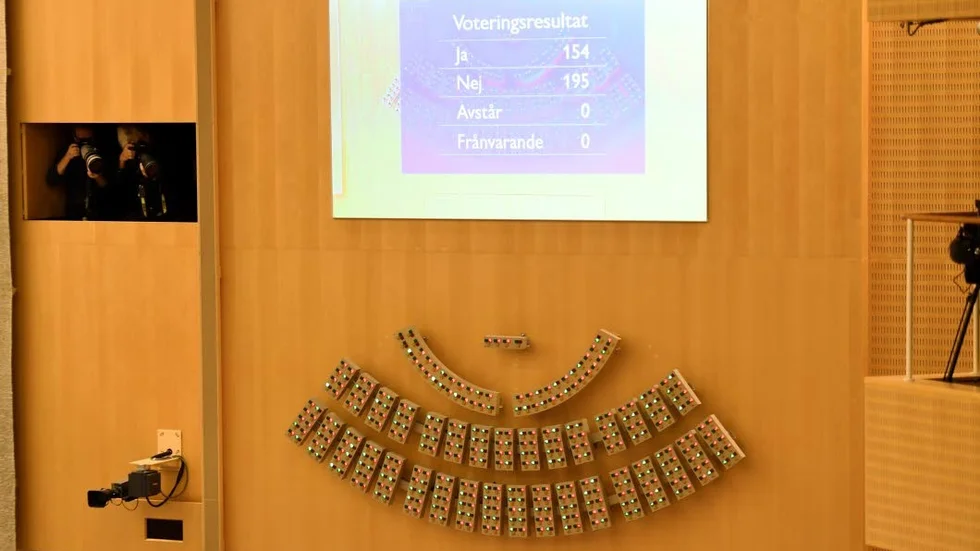 Tavla med röstningstablå i riksdagen, efter att det röstats om Ulf Kristersson (M) som statsminister. 195 nej. 154 ja.