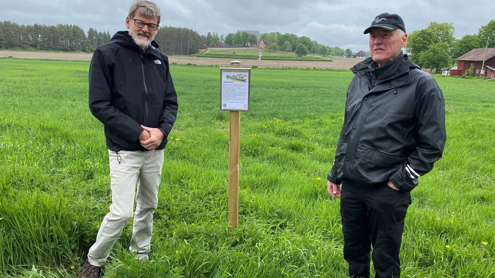 Björn Lundqvist och Hans Eklund från Vendels hembygdsförening vid åkern nedanför Vendels kyrka och Allerbäcken. Mellan dem finns en av informationsskyltarna till den nya historiska stigen i området.
