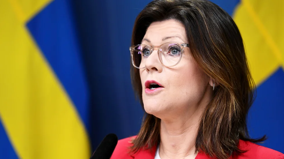 Arbetsmarknadsminister Eva Nordmark håller en pressträff om situationen på arbetsmarknaden. Arkivbild.
