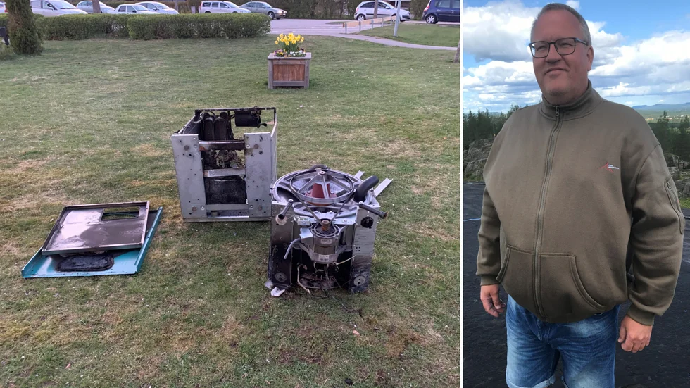 Resterna av tvättmaskinen ligger nu utbrända på marken utanför huset. För Sten Scherberg var det ändå viktigast att inga människor kom till skada i branden.