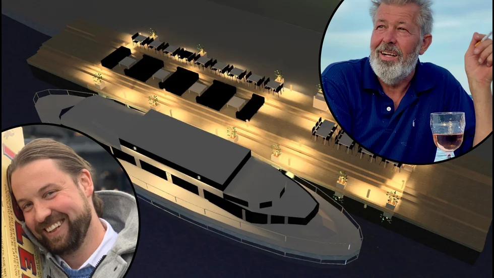 "Båten heter M/S Sandskär, företaget heter Gripsholms sjökrog och sedan kommer ett eget namn på loungen – där tänker vi något magiskt", säger Xavier "Savve" Gjers (till höger). På bilden syns ägarnas ambitioner med restaurangen och delägaren Mattias Lindqvist.