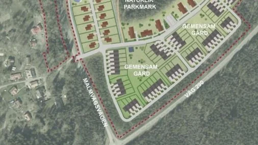 Utbyggnaden planeras norr om Vattholmavägen (länsväg 290) och Malmvågsvägen i Vattholma. Kartan visar södra delen av planområdet.