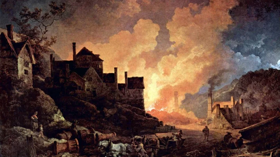 Industriell revolution. Philip James de Loutherbourgs (1740–1812)  målning "Coalbrookdale by night" från 1801.
