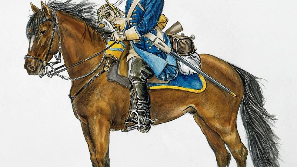 Dragon från Stora Nordiska kriget. 
Karl XII krävde att även ståndspersoner, såsom adeln, prästerna och andra skulle bidra med medel till krigsmaktens behov. Därför uppsattes ståndsdragonregementen. Ett var Upplands ståndsdragoner.  Teckning av Alf Lannerbäck.