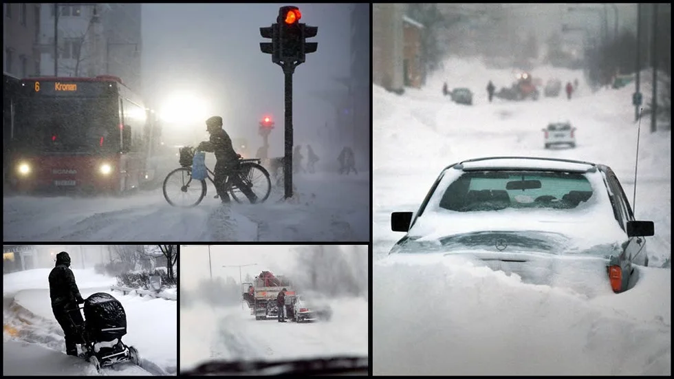 Under natten och måndagsförmiddagen varnar SMHI för stora mängder snö. Bilderna är från tidigare snösmockor.