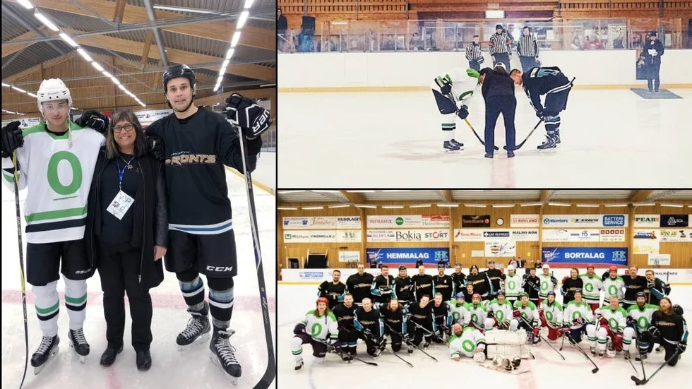 Marleene Otmalm hade stöd av sönerna Mattias och Philip när hon släppte pucken förra lördagen. Lagbilden visar båda lagen i matchen.