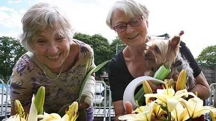 Kerstin Frödin och Ingrid Österberg, med hunden Lilie, ville titta närmare på de fina liljorna i Klosterparken.