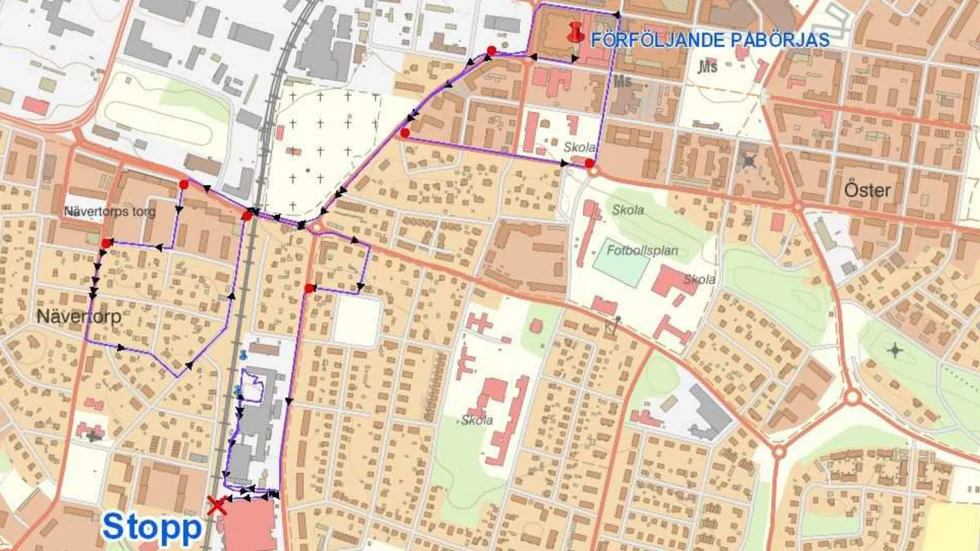 En karta visar hur vansinnesfärden gick genom centrala Katrineholm, därefter till Nävertorp för att sedan sluta på Söder.