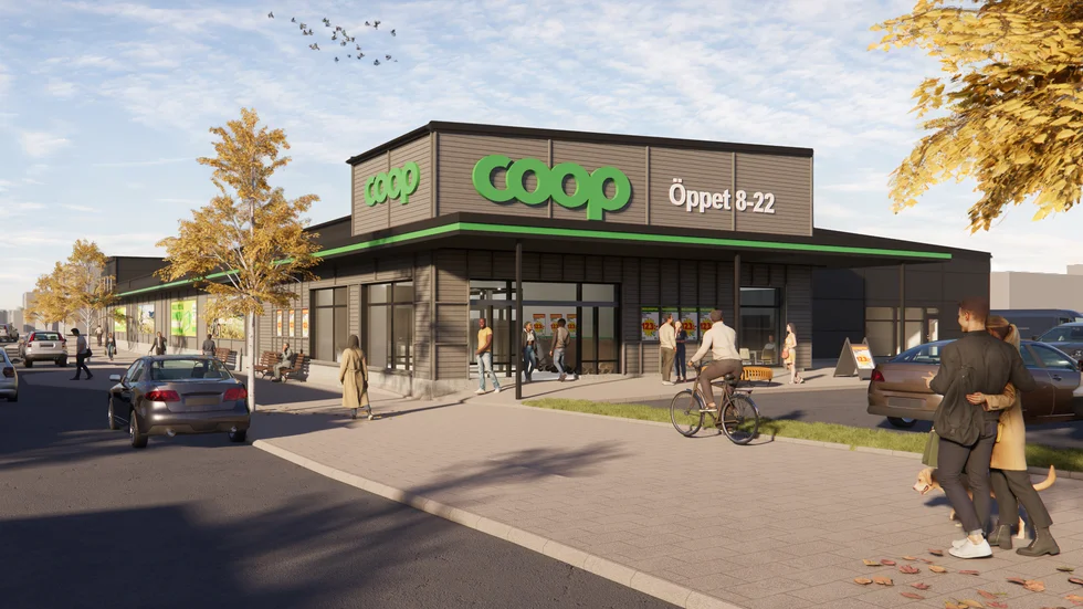 Konceptbilden visar hur butiken är tänkt se ut. Den har hämtat inspiration från bland annat kyrkan i samhället och ska byggas med högt ställda krav på hållbarhet och effektivitet, enligt Coop Norrrbotten.