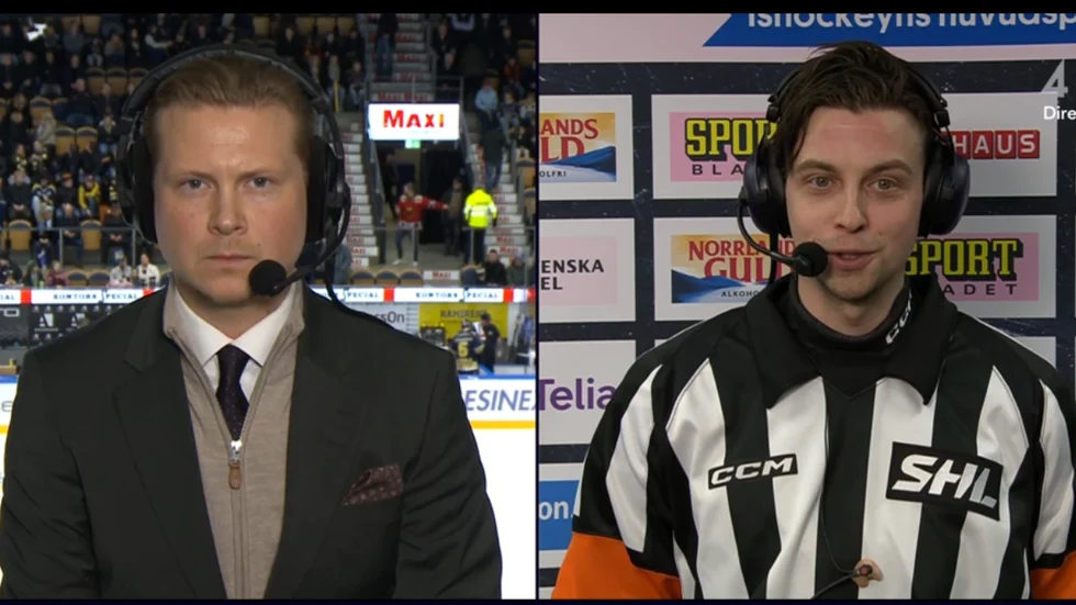 Huvuddomaren Johan Wedin uttalade sig i periodpausen om det märkliga självmålet som dömdes bort. 