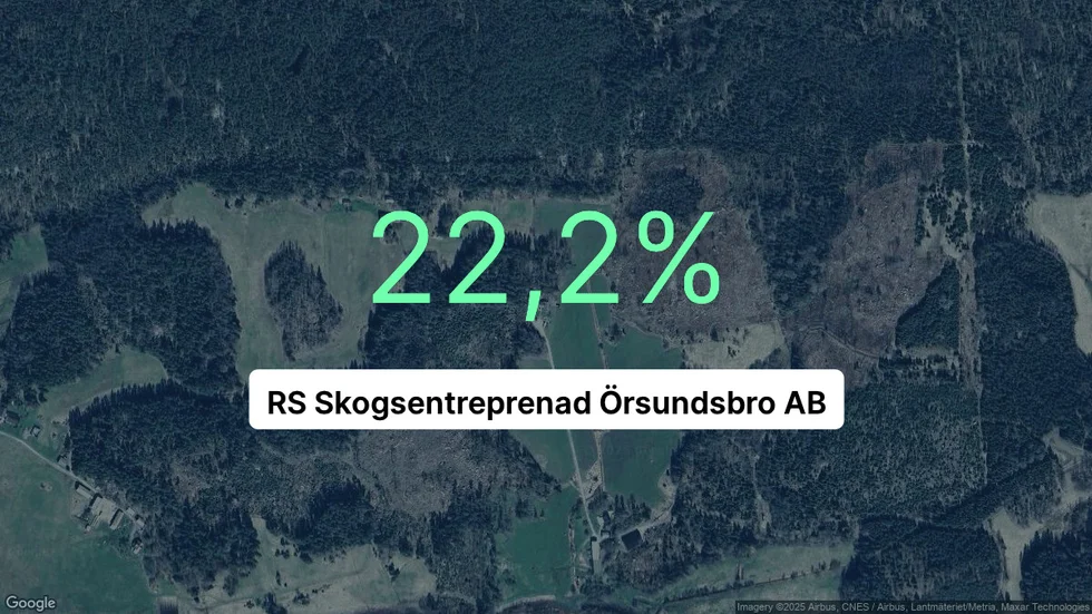 Illustrationen visar rörelsemarginalen för RS Skogsentreprenad Örsundsbro för det senaste året. Bakgrunden är en satellitbild över företagets adress.