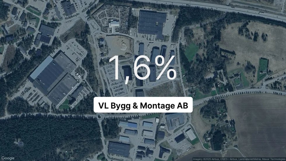 Illustrationen visar rörelsemarginalen för VL Bygg & Montage för det senaste året. Bakgrunden är en satellitbild över företagets adress.