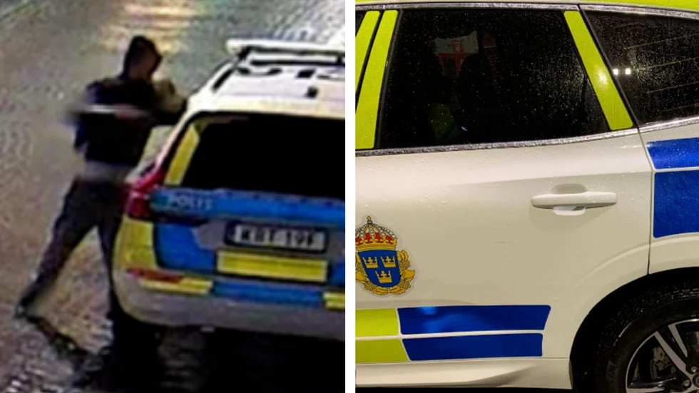 19-åringen filmades när han slog på en polisbil på Ågatan. (Bilderna är hämtade ur förundersökningen.) 