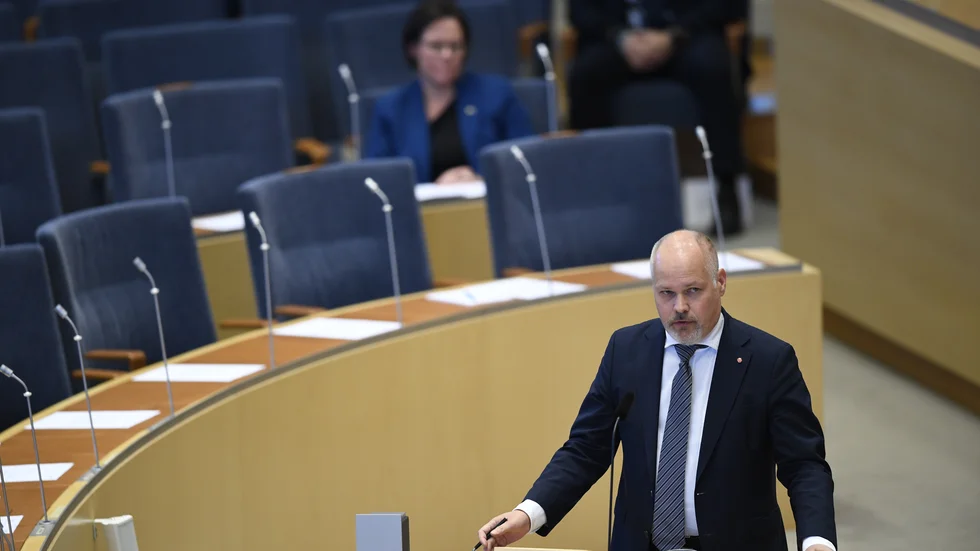 Morgan Johansson (S) under en särskild debatt i riksdagen om situationen i Mellanöstern.