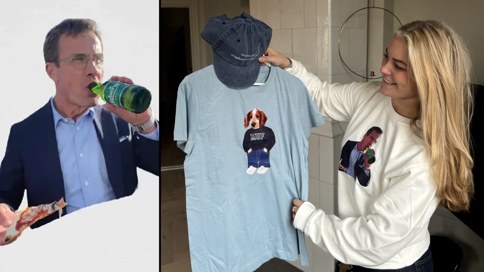 Till vänster en skärmdump från MUF:s hemsida för merch. Bilden finns på t-shirts collegetröjor. Till höger visar Alice Landerholm, MUF, merch från ungdomsförbundet, där hon själv bär en tröja med ölmotivet.