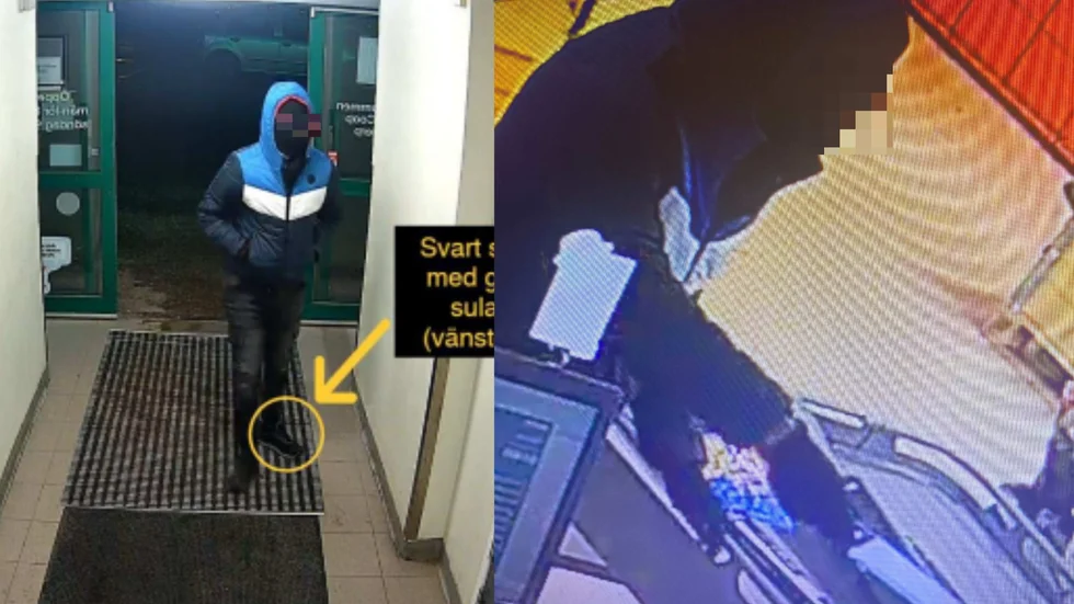 Bilderna från övervakningskameran visar hur rånaren går fram till kassan och hotar butikspersonal med kniv.