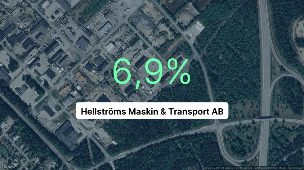 Illustrationen visar rörelsemarginalen för Hellströms Maskin & Transport för det senaste året. Bakgrunden är en satellitbild över företagets adress.