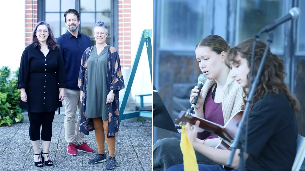 Till vänster: Initiativtagarna och grundarna av Storgårdens musikförening; Karin Sköld, Daniel Svenson och Johanna Bolin. Till höger: Duon Charlie Sköld och Linnéa Rudolph stod för ett av de många musikinslagen under lördagens startmöte.