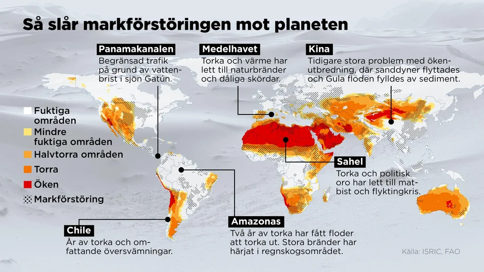 Kartan visar torra områden på vår planet samt områden där markförstöring är ett problem.