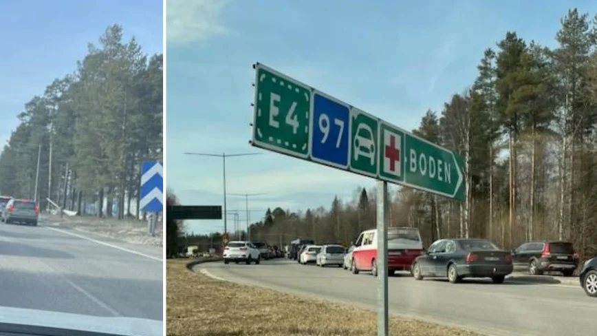 Långa bilköer vid notviken i Luleå 