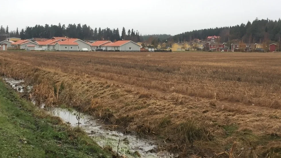 Till höger om de vita seniorvillorna på Slåttervägen ska Gnestahem bygga 44 hyresrätter.