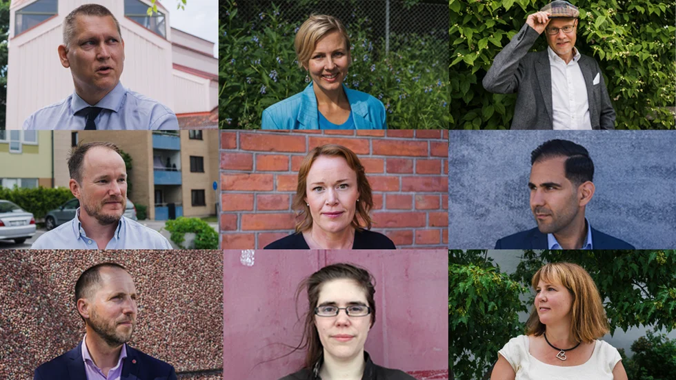 Vem tar vem? Översta raden från vänster: Kent Kumpula (SD), Jennie Claesson (L), Jonas Segersam (KD). Mittenraden: Tobias Smedberg (V), Therez Almerfors (M) och Ehsan Safari (C). Nedre raden: Erik Pelling (S), Leia Nordin (Fi) och Linda Eskilsson (MP).
