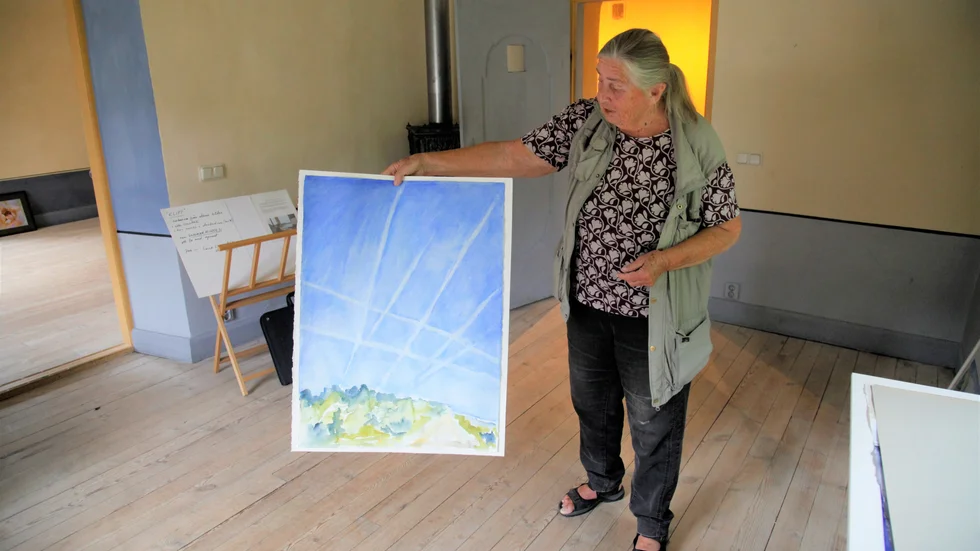 Liina Ask visar en tavla hon målade efter att hon gick ut med soporna i Kvarnåkershamn och såg kondensationsstrimmor från flygplan på himlen. 