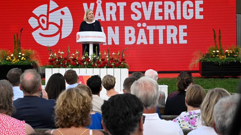 Magdalena Andersson, Socialdemokraterna, håller sitt tal i Almedalen under partiets halvdag 2022.