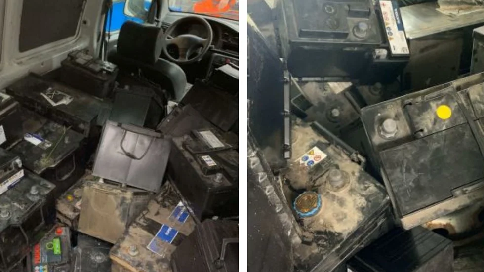Två män, 18 och 26 år gamla, har åtalats för att ha stulit 46 bilbatterier. (Bilderna är hämtade ur förundersökningen.) 