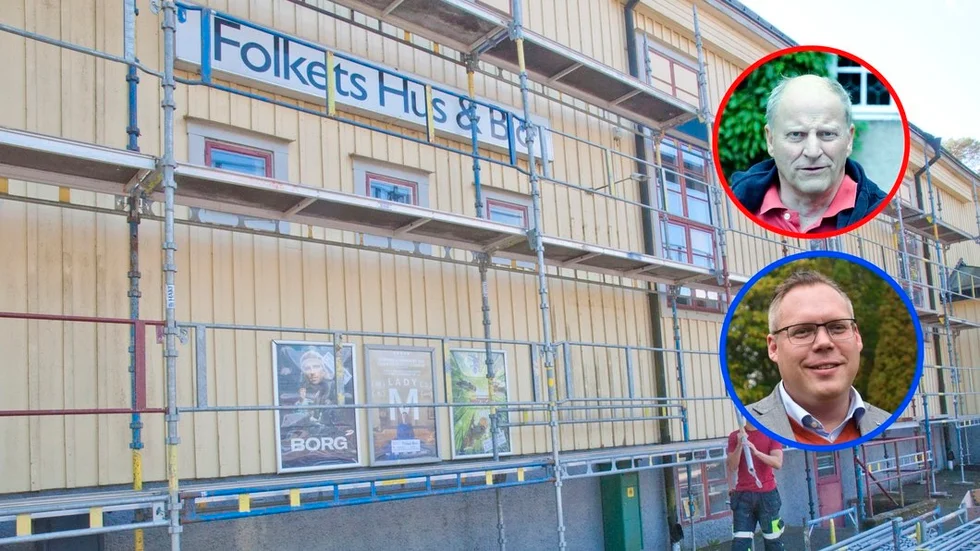 Bild på dåvarande Folkets hus i Trosa i samband med renoveringsarbeten och innan namnbytet till Skärborgarnas hus var ett faktum. Vänsterpartiets gruppledare Tommy Fogelberg ifrågasätter nu namnbytet i en skrivelse till kommunalrådet Daniel Portnoff (M).