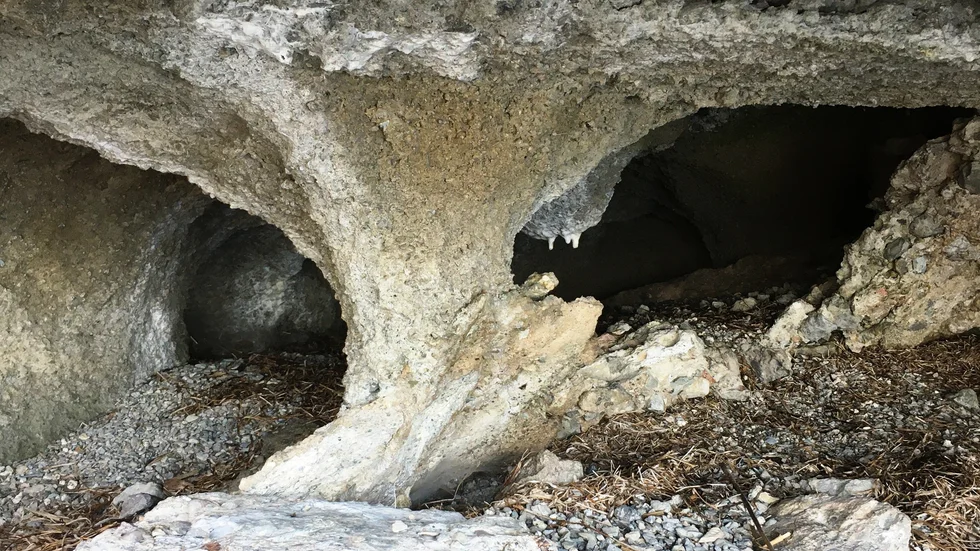 Erosionen vid kusten i Vägumeviken har skapat grottor.